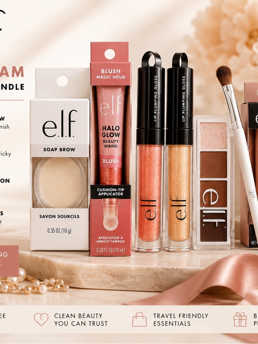 e.l.f Soft Glam Makeup Bundle Halo Glow Lip Gloss Soap Brow Rose Gold Eyeshadow